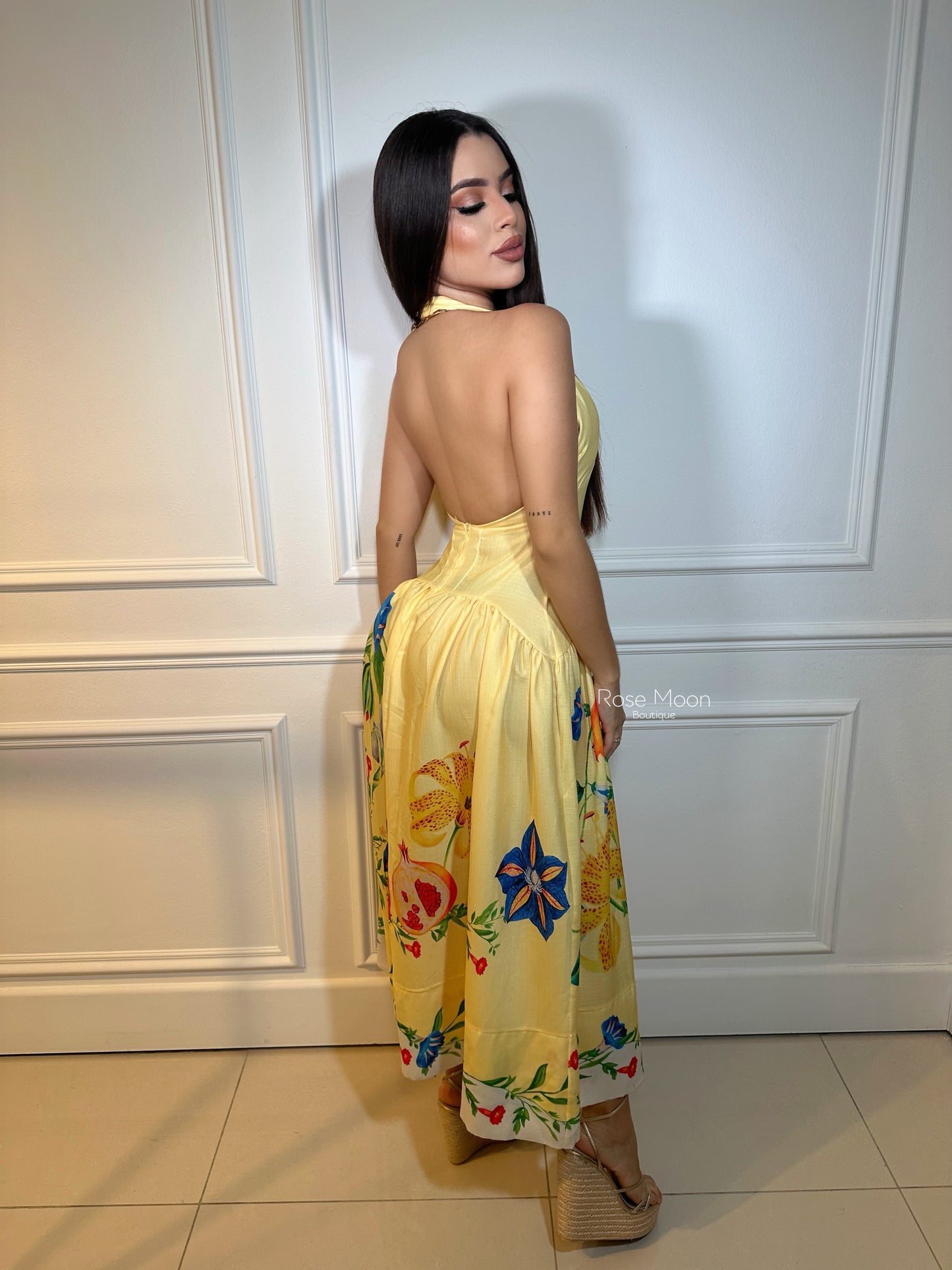 Floral halter maxi dress yellow