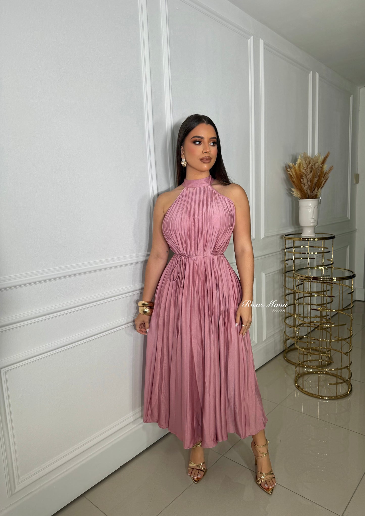 Halter Dress Plisado Champagne/Rose