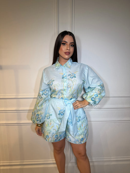 Pants set shorts blue floral