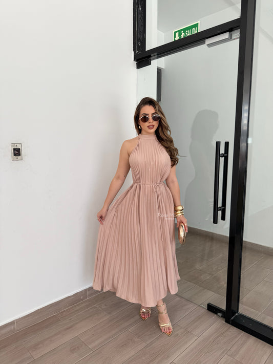 Halter Dress Plisado Champagne/Rose